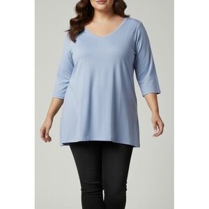 Denim & Co Essentials 2X Light Blue V-Neck 3/4 Sleeve Tunic Top Plus Size